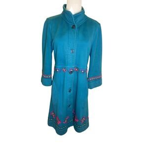 Johnny Was Collection Vintage Teal Fleece Duster Coat Embroidered Floral Midi M